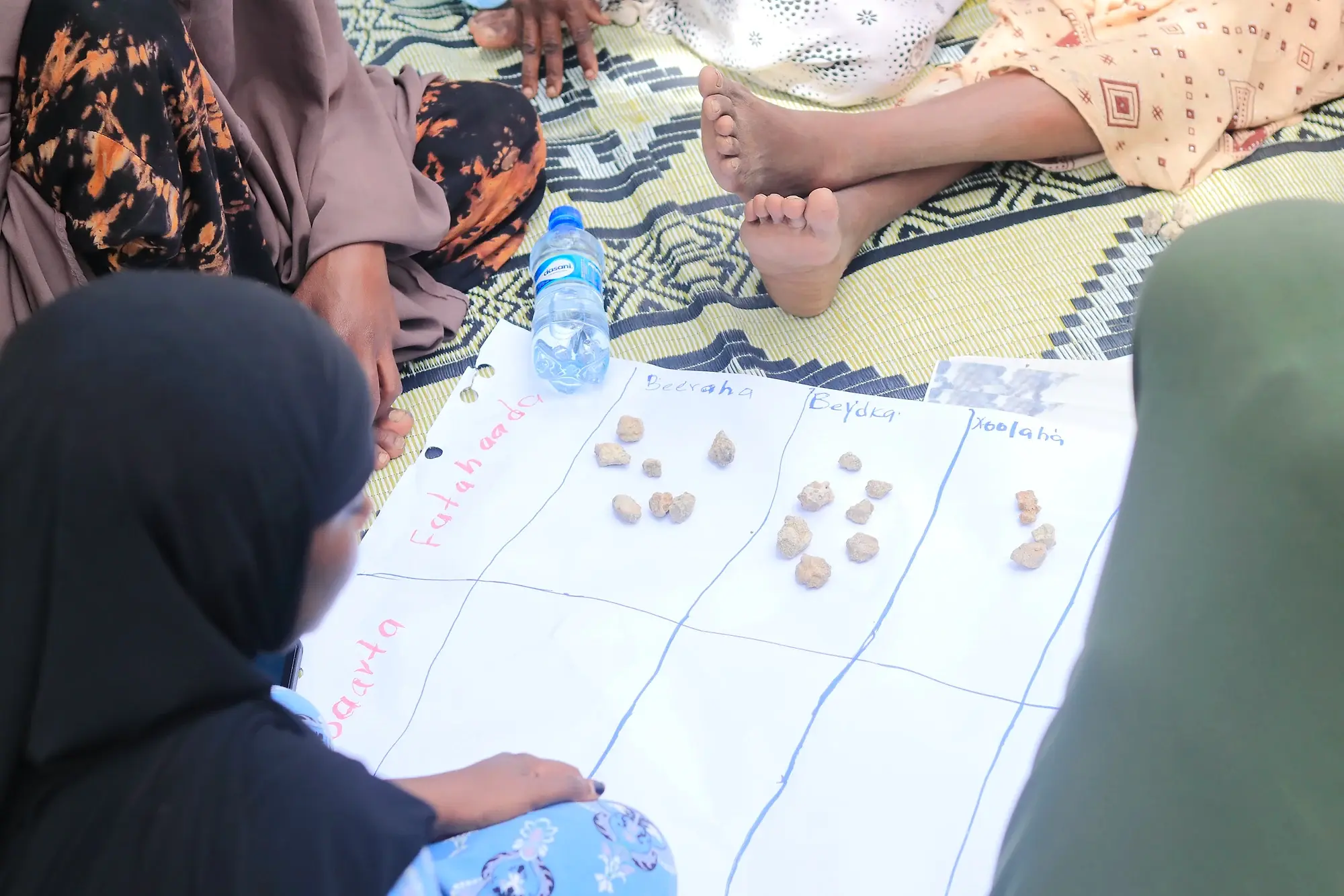 A woman seated on a mat placing small counters into the ruled columns of a large paper sheet headed in Somali.